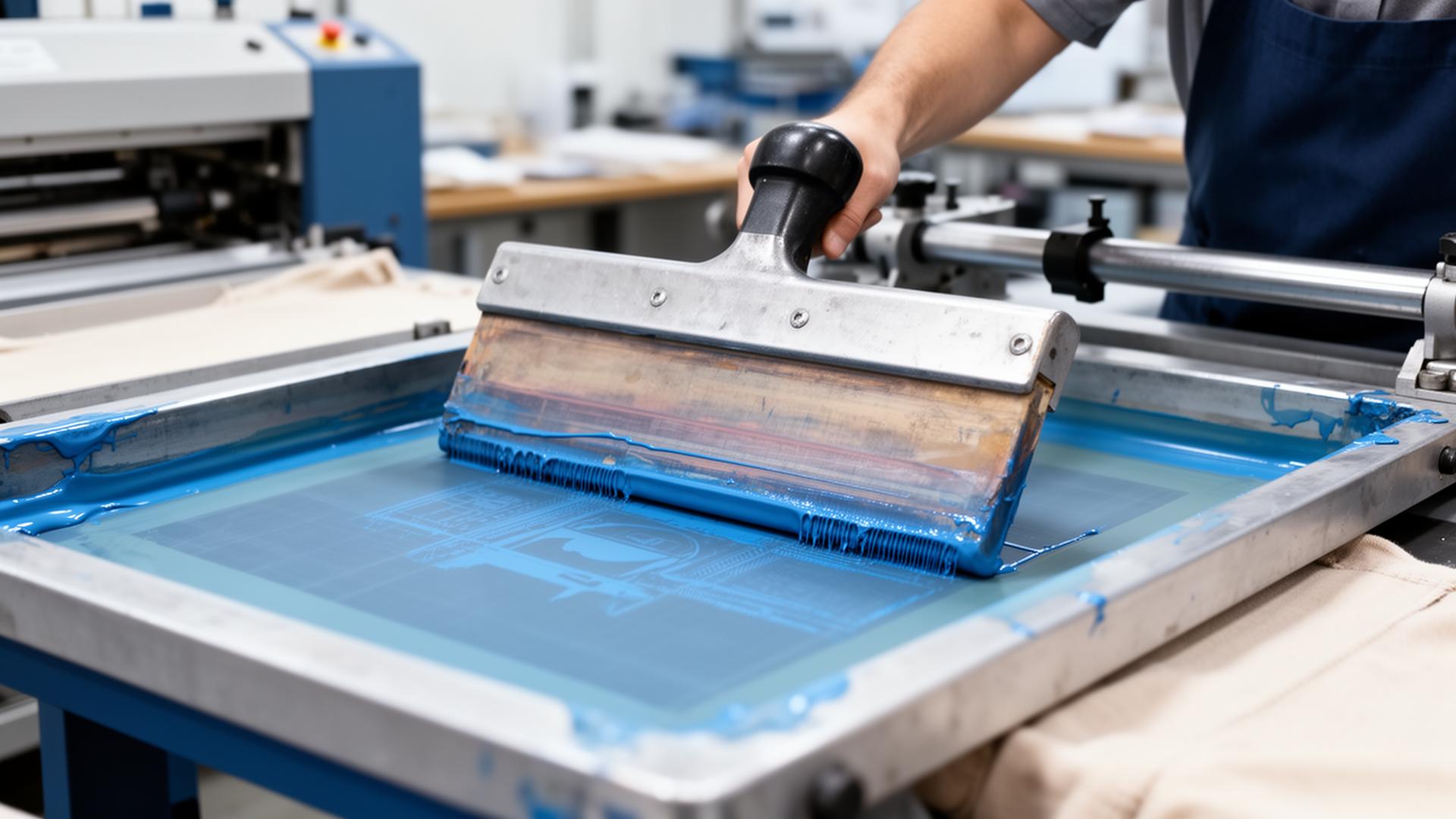 Atelier de sérigraphie avec raclette et écran
