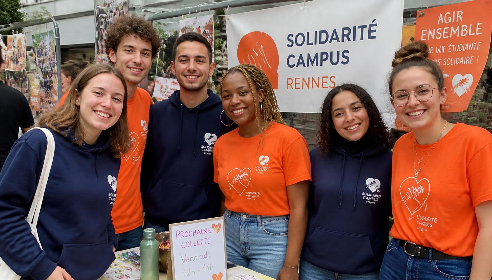 Membres d'une association étudiante portant des t-shirts et sweats personnalisés lors d'une collecte solidaire