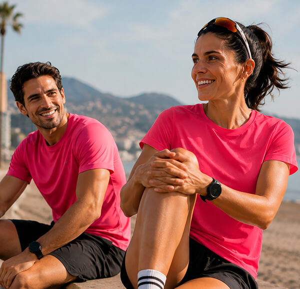 Duo portant des t-shirts de sport roses