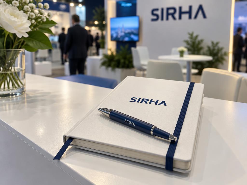 Carnet imprimé au logo du Sirha posé sur un comptoir de stand