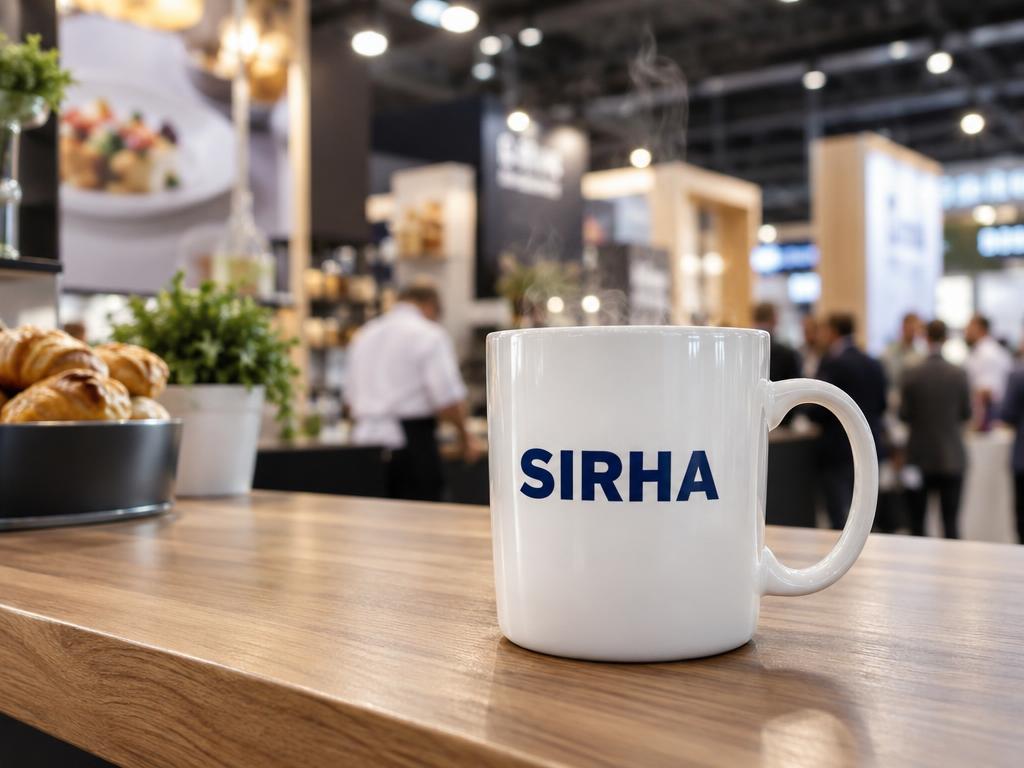 Mug blanc personnalisé au logo du Sirha sur le comptoir d'un stand