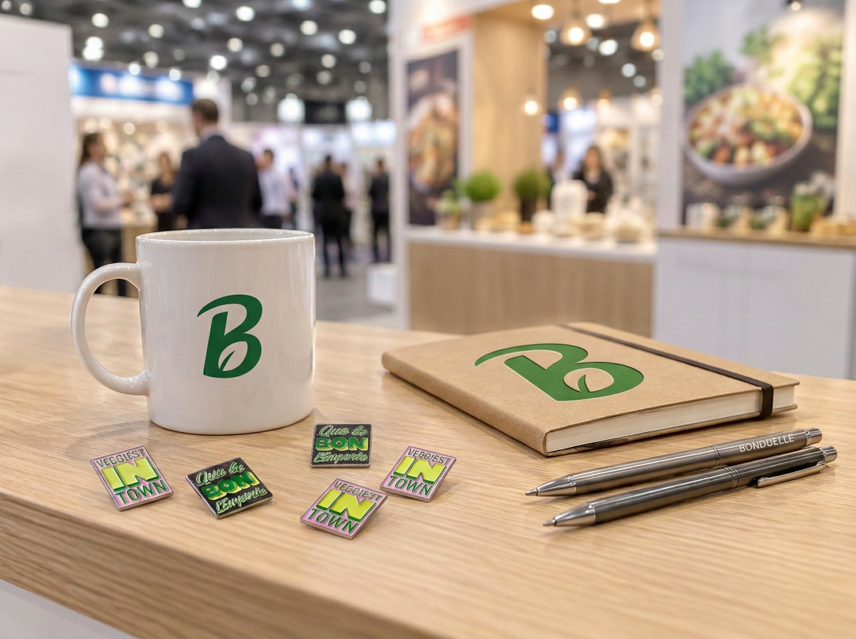 Pin's, carnet, tasse et stylo personnalisés Bonduelle posés sur la table d’un stand