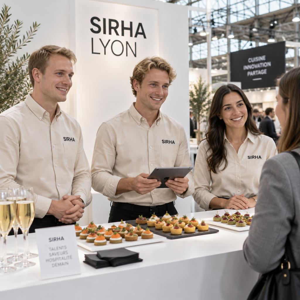Mise en scène illustrative de commerciaux sur un stand Sirha Lyon, portant des chemises Oxford beige avec le logo Sirha brodé côté cœur
