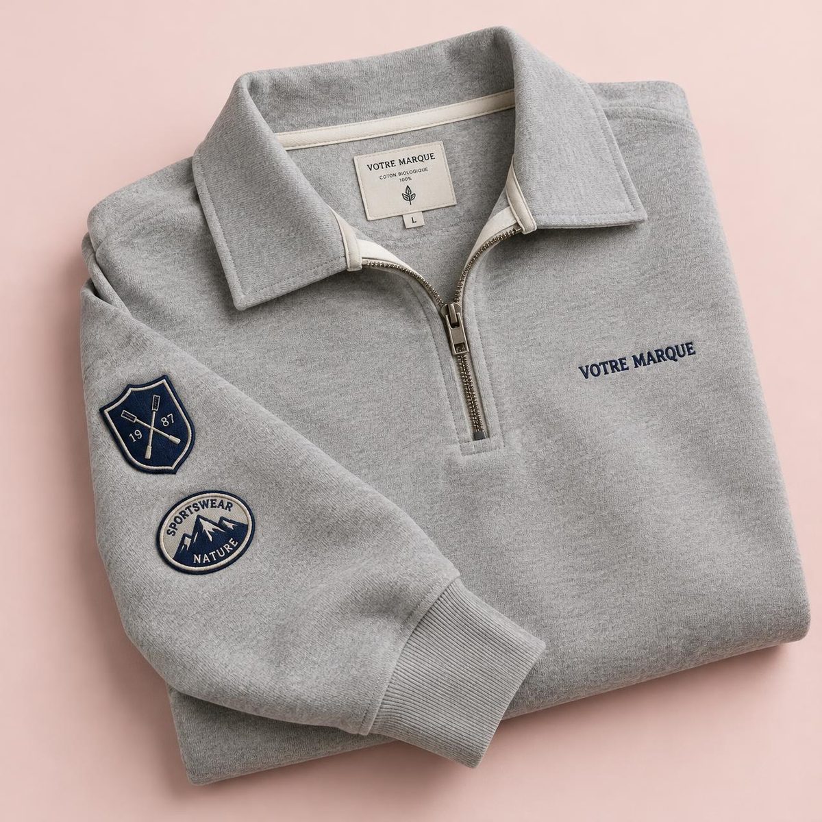 Sweat zippé col camionneur gris chiné brodé avec écussons