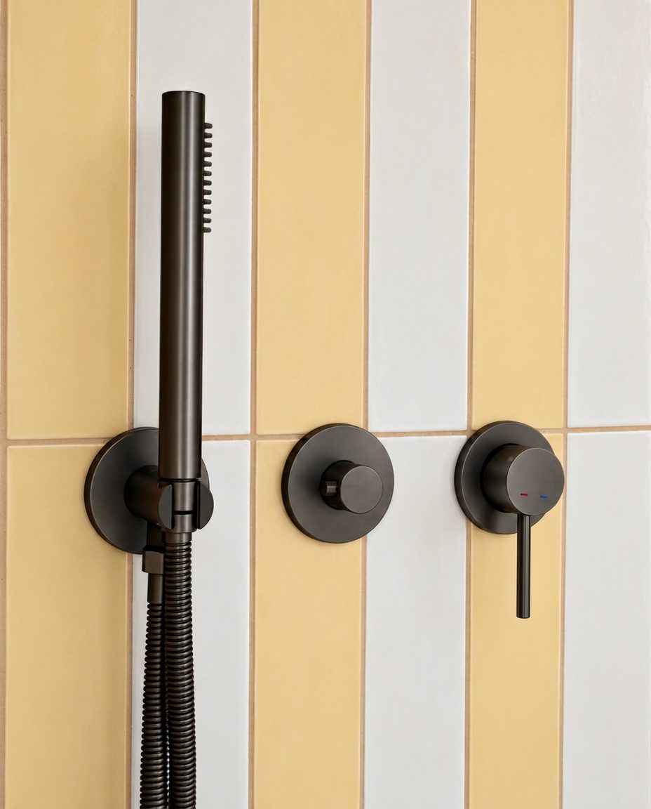 Douche moderne avec carrelage jaune beurre et blanc dans les nouveaux bureaux Mes Tenues Perso